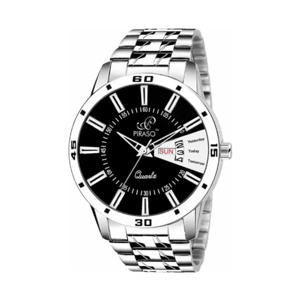 Piraso Analog Day and Date Watch, Black Dial & Silver Chain Watch