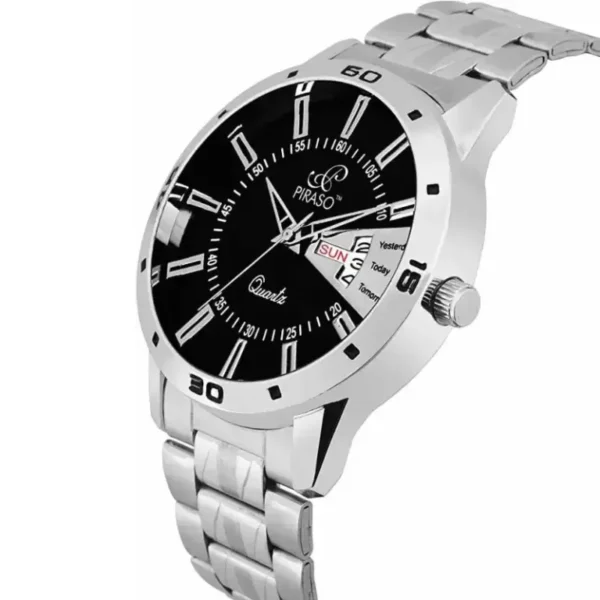 Piraso Analog Day and Date Watch, Black Dial & Silver Chain Watch