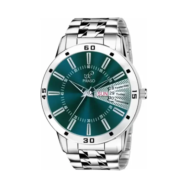 PIRASO Analog Day & Date Watch Turquoise Dial Silver Chain Men 2038