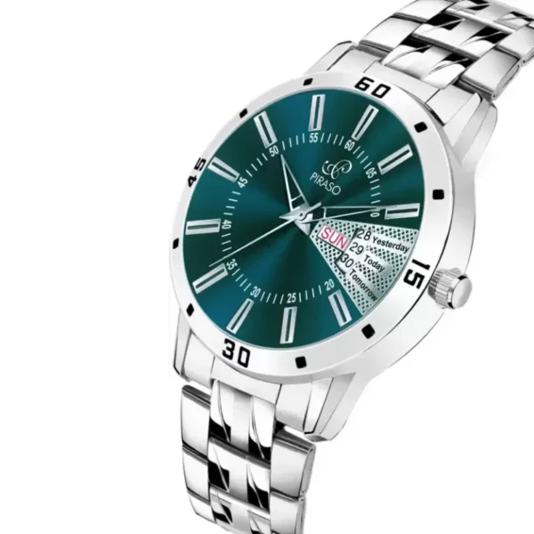PIRASO Analog Day & Date Watch Turquoise Dial Silver Chain Men 2038