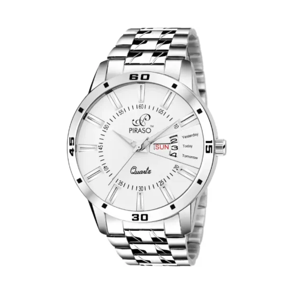 PIRASO 2038 Analog Day and Date Working Display White Dial & Silver Chain Watch - For Men
