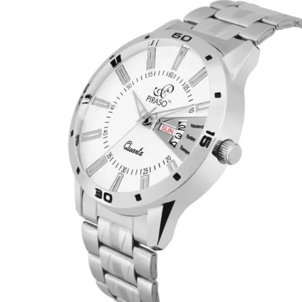 PIRASO 2038 Analog Day and Date Working Display White Dial & Silver Chain Watch - For Men