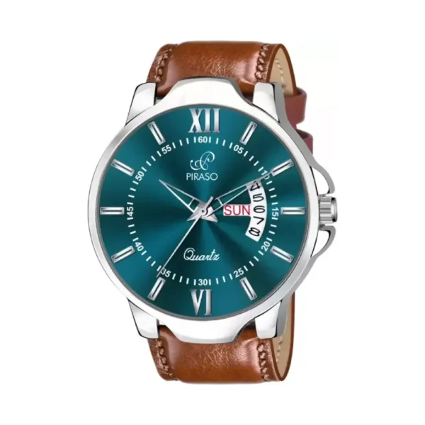 Piraso men's analog watch, turquoise dial, brown leather strap