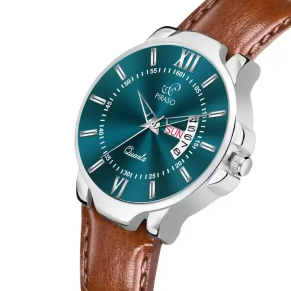 Piraso men's analog watch, turquoise dial, brown leather strap