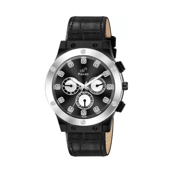 Piraso men's watch, black silver dial, leather strap watch, HUB-LOT 2026