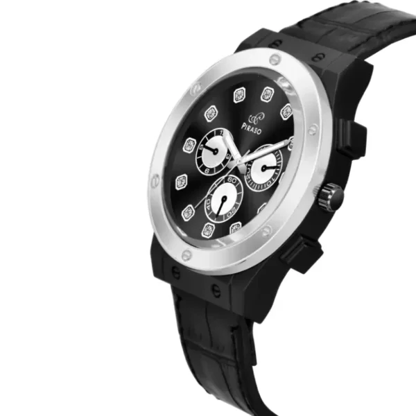 Piraso men's watch, black silver dial, leather strap watch, HUB-LOT 2026
