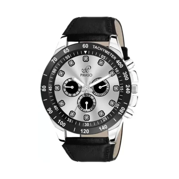 Piraso men's watch, black silver dial, leather strap watch, elegant men's watch