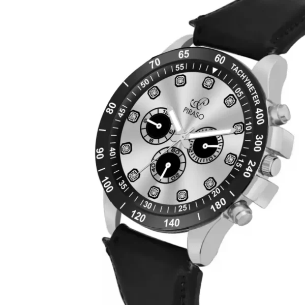 Piraso men's watch, black silver dial, leather strap watch, elegant men's watch