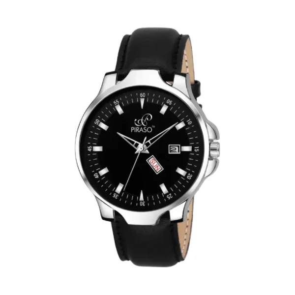 Piraso 49-BK men's black analog watch, elegant black leather strap watch for men.