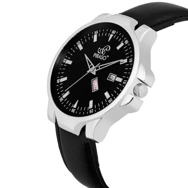 Piraso 49-BK men's black analog watch, elegant black leather strap watch for men.