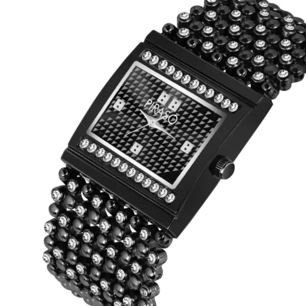 Piraso DB BAJARI black diamond watch women, elegant black chain analog watch.