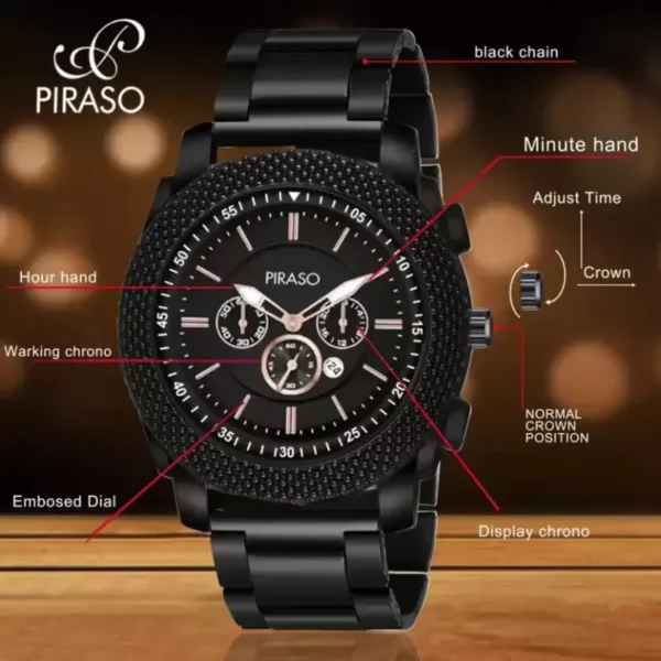 Piraso Men's Analog Watch, Copper Black Dial, Black Chain Design