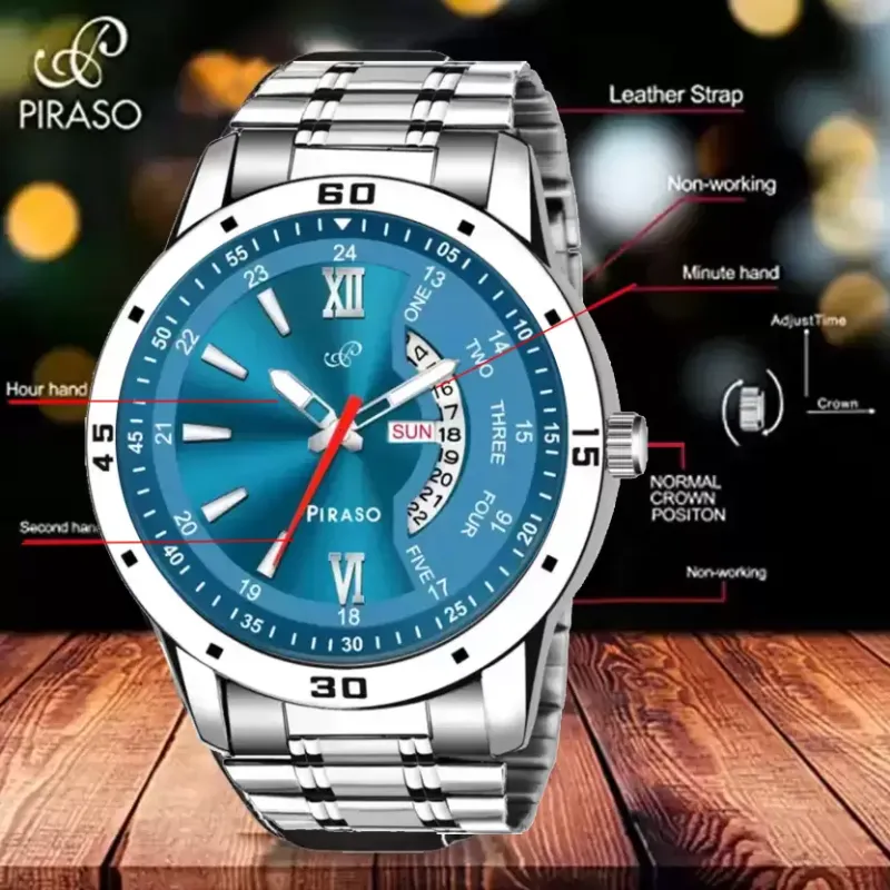 Piraso men's watch, Piraso PR2921 blue dial, silver chain watch, elegant men's quartz watch