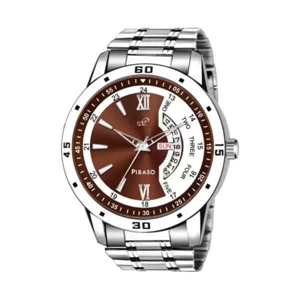 Piraso analog watch, PR2921 silver chain watch, men's brown white dial watch