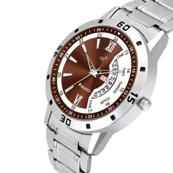 Piraso analog watch, PR2921 silver chain watch, men's brown white dial watch