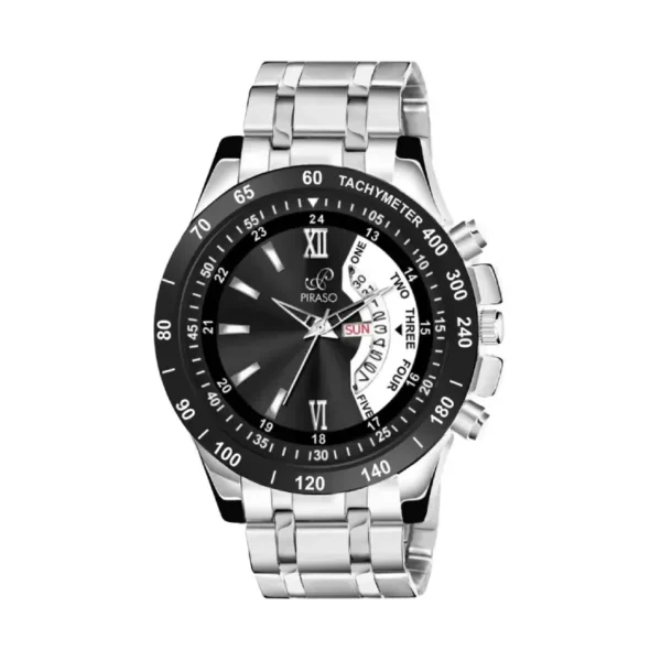 Piraso men's silver chain analog watch, black and white dial