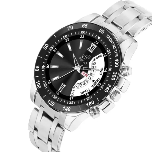 Piraso men's silver chain analog watch, black and white dial