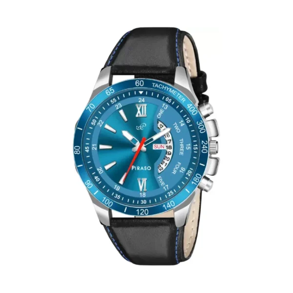 Piraso men's blue dial black leather strap watch