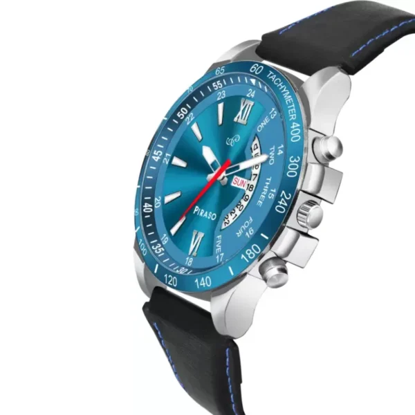 Piraso men's blue dial black leather strap watch