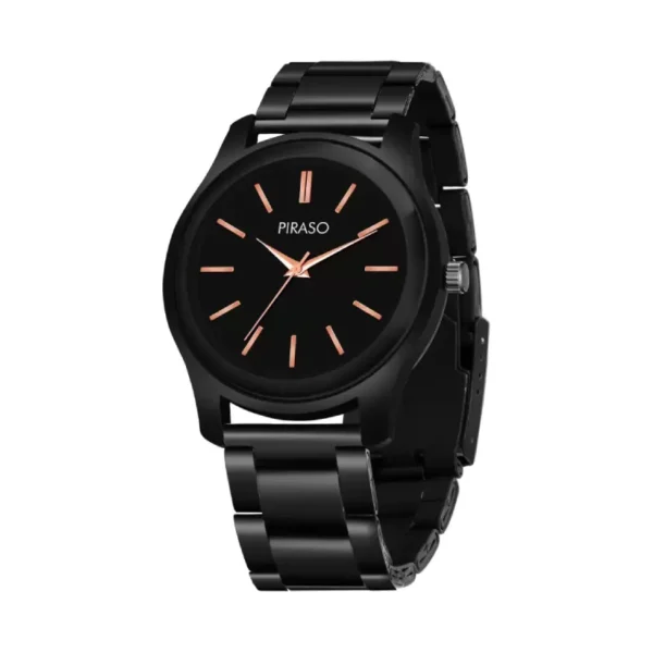 Piraso 52-BL-G men's black analog watch with stainless steel chain