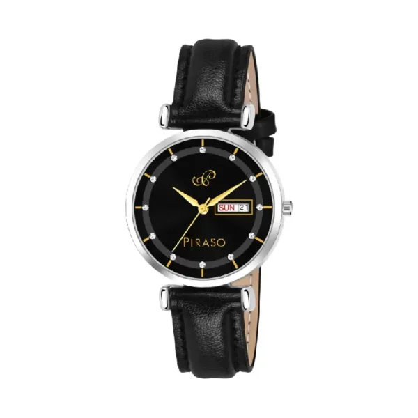Piraso women's black silver analog watch, Piraso D&D C27 leather strap