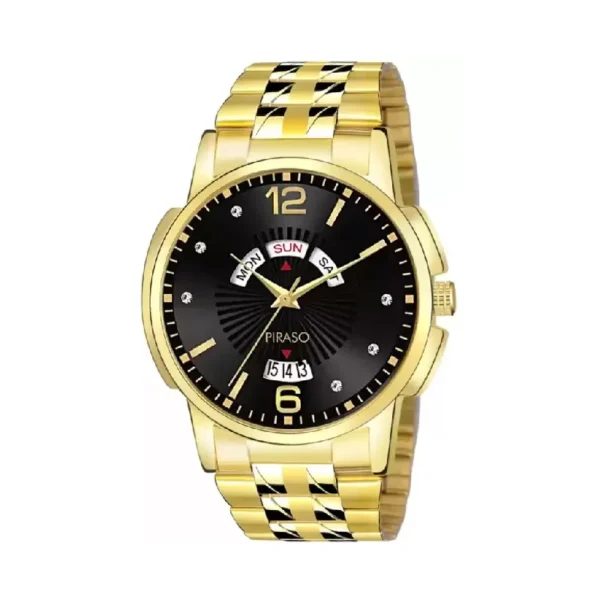 Piraso D&D E94 black dial golden chain analog watch for men.