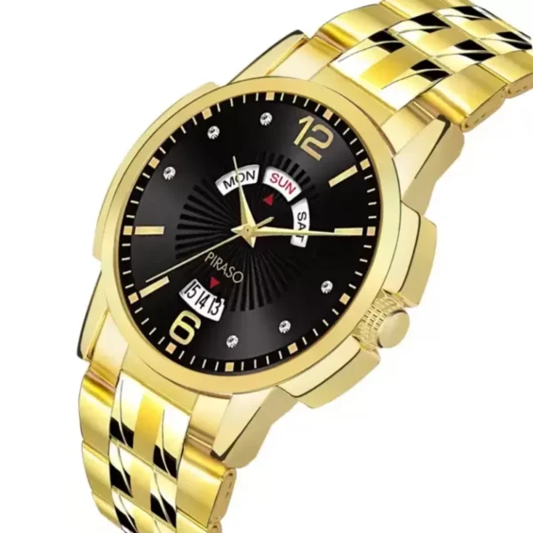 Piraso D&D E94 black dial golden chain analog watch for men.