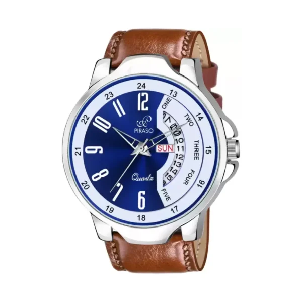 Piraso D&D P95426 men's blue dial watch, brown leather strap watch,