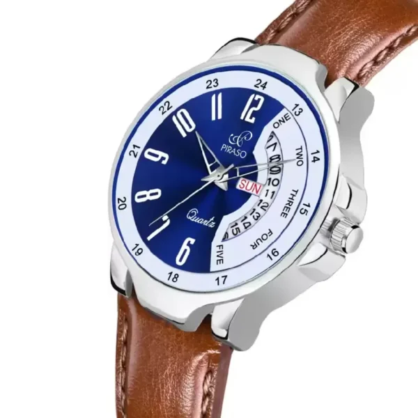 Piraso D&D P95426 men's blue dial watch, brown leather strap watch,
