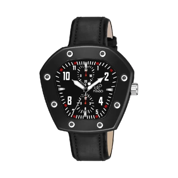Piraso black leather strap men's watch, PRLUXE 6001 analog display