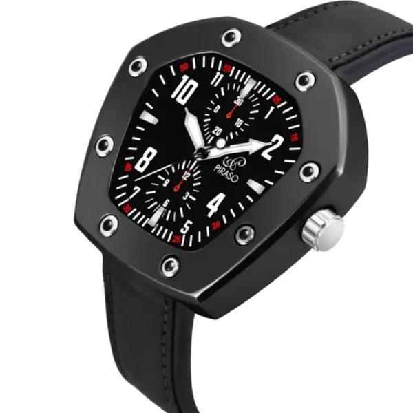 Piraso black leather strap men's watch, PRLUXE 6001 analog display