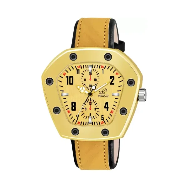 Piraso PRLUXE 6001 gold black leather strap men's watch