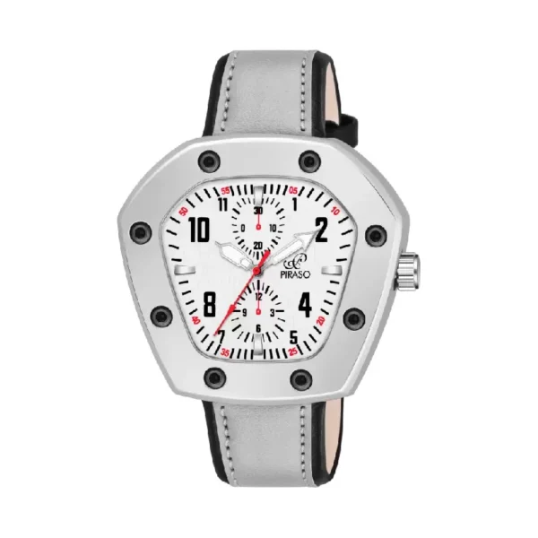 Piraso PRLUXE 6001 men's silver dial grey leather strap watch