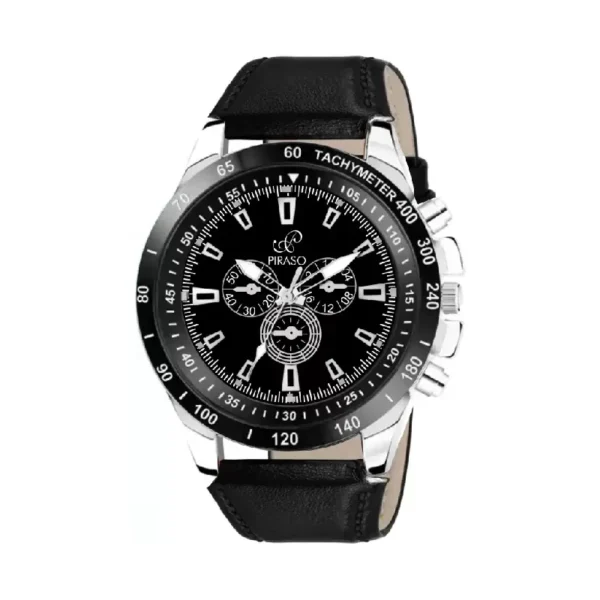 Piraso men's black silver dial watch, Piraso RSSL 8905 leather strap watch