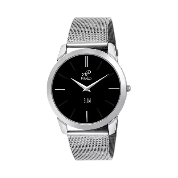Piraso 1584 SL04 men's silver mesh analog watch, black dial