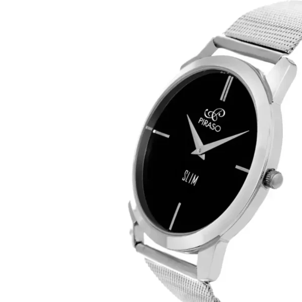 Piraso 1584 SL04 men's silver mesh analog watch, black dial
