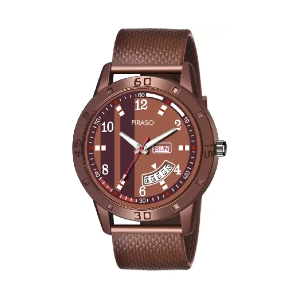 Piraso 2051 BR MS men's brown watch, mesh silicon strap watch, analog round dial watch