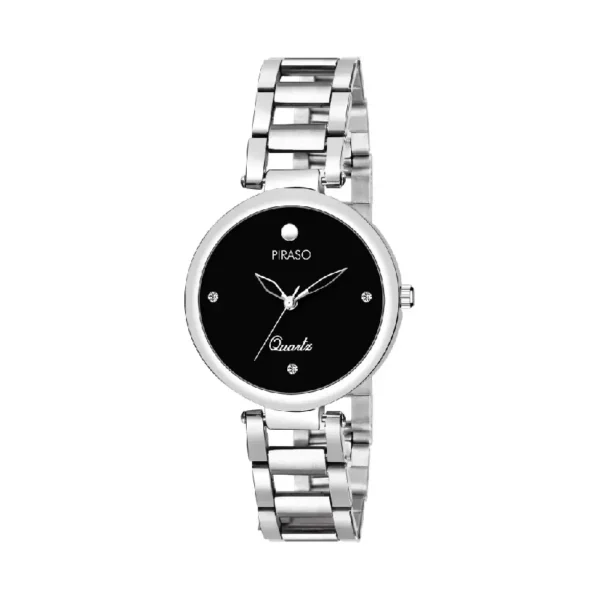 Piraso women’s silver chain watch, black dial watch for women, Piraso 2266-BK-CK