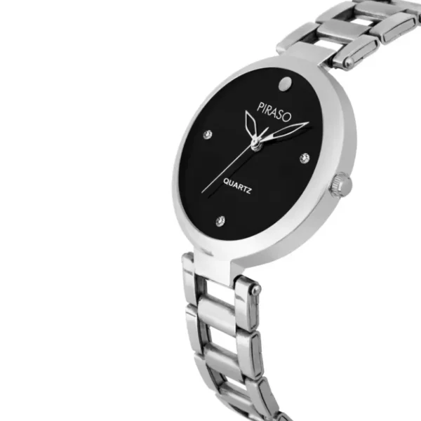 Piraso women’s silver chain watch, black dial watch for women, Piraso 2266-BK-CK