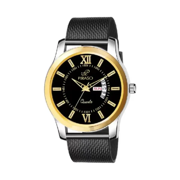 Piraso D&D-15 men's black gold dial watch, silicon mesh strap analog watch