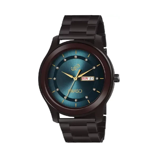 Piraso D&D C22 watch, crystal-studded blue dial, brown chain strap, men's analog watch