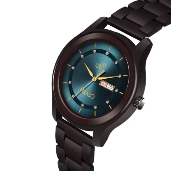 Piraso D&D C22 watch, crystal-studded blue dial, brown chain strap, men's analog watch
