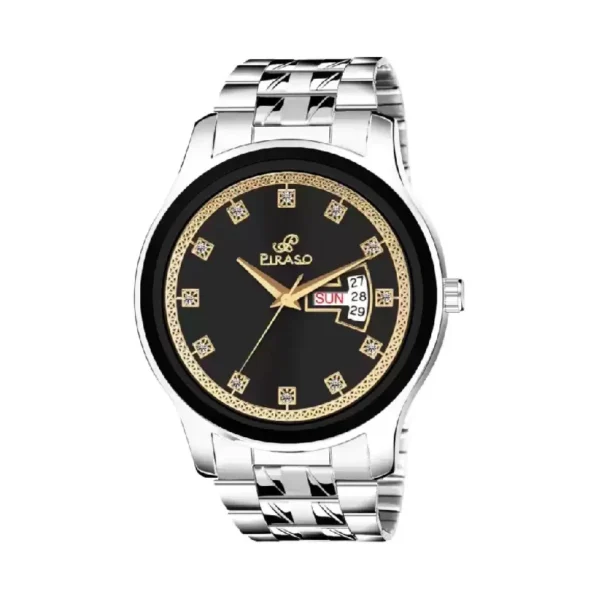 Piraso D&D C24 men's silver stainless steel watch, black dial round watch
