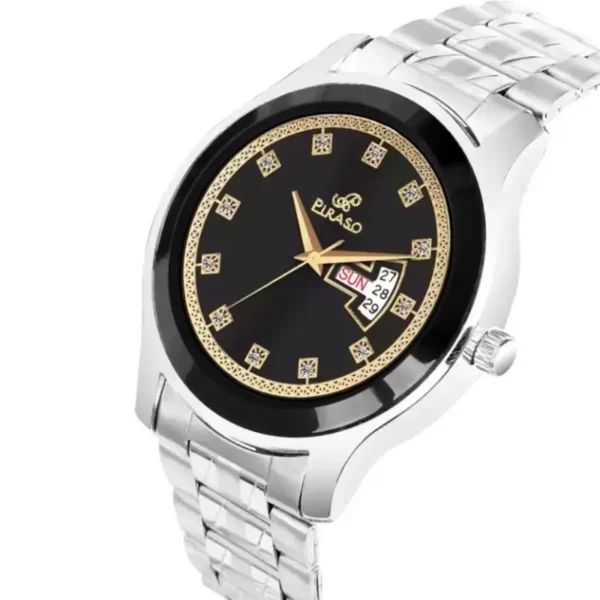 Piraso D&D C24 men's silver stainless steel watch, black dial round watch