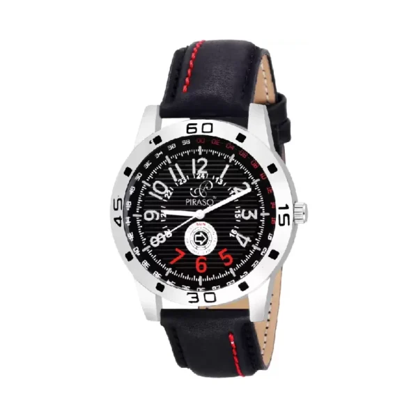 Piraso PR-42 men's black leather strap analog watch