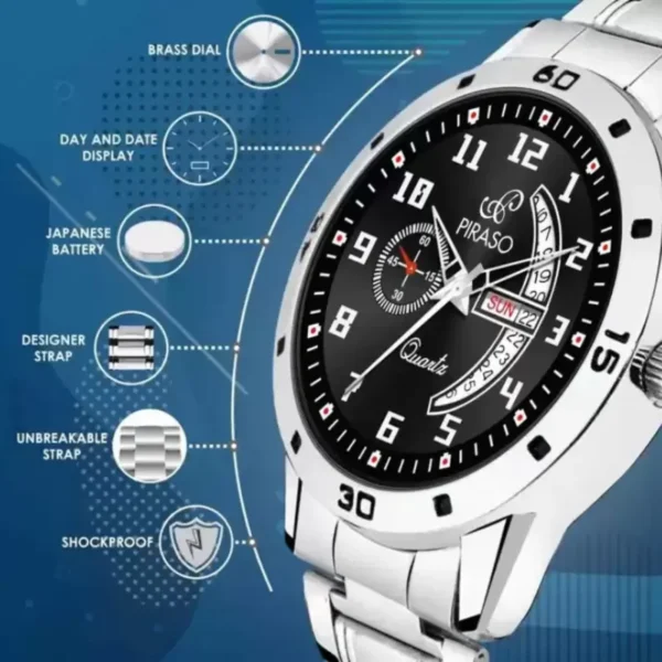 Piraso PR2727 men's silver stainless steel analog watch black dial