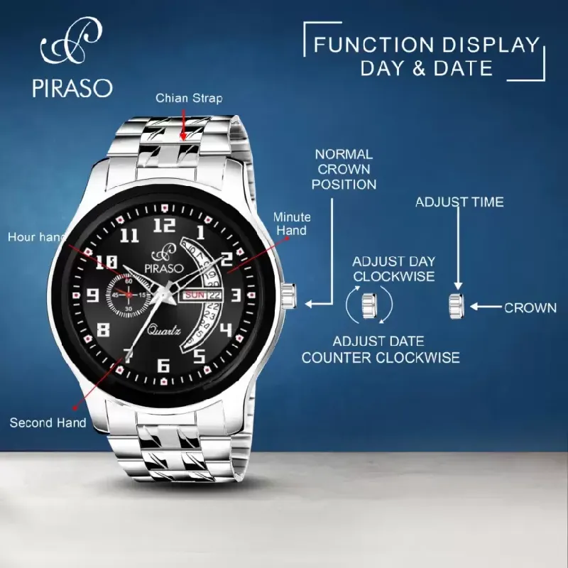 Piraso PRCG 2828 men's watch black dial silver chain